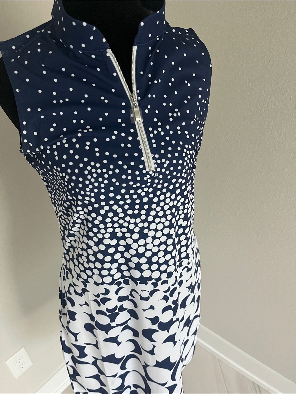 Navy and White Sleeveless Polka-Print Zip Polo Golf Dress - Picture 6 of 8